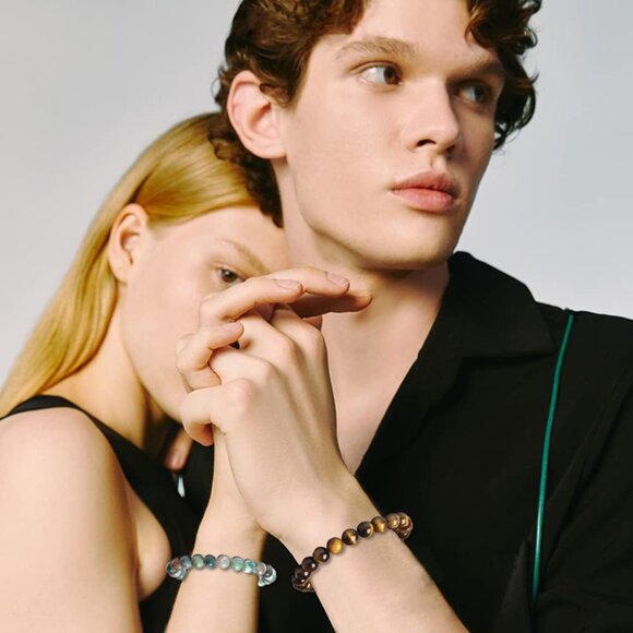 12pcs Unisex Gemstone Beaded Bracelets Set Tiger Eye Amethyst Adjustable Elastic - Picture 4 of 7